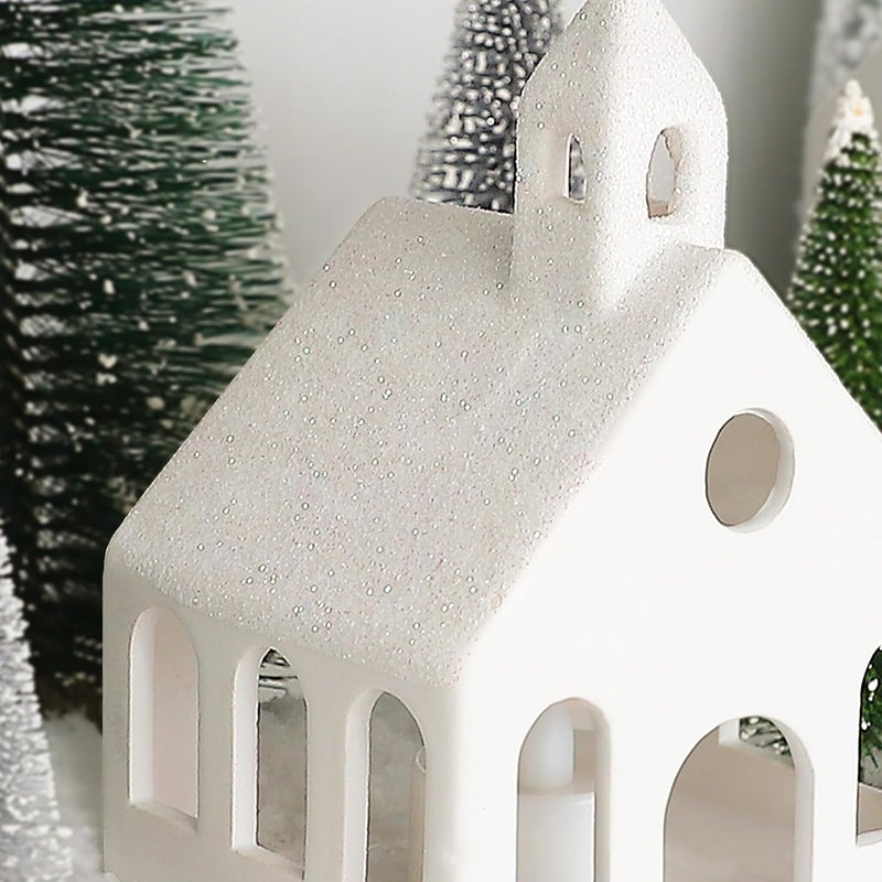 ORIENTAL CHERRY Christmas Decorations - Christmas Village Sets of 5 Lighted Ceramic Houses with Remote Control & 9 Trees - Indoor White Xmas Holiday Rustic Unique Decor for Home Table Room Farmhouse Decoration - Image 5